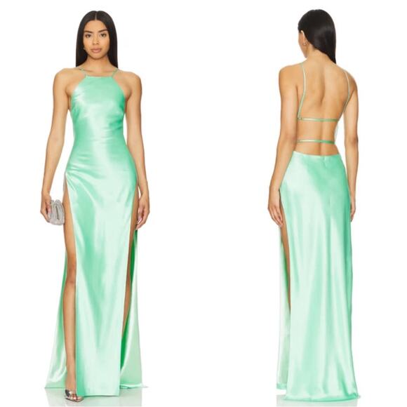 Retrofete Nyssa Halterneck High Slit Pistachio Green Maxi Dress Size Small - Picture 1 of 10